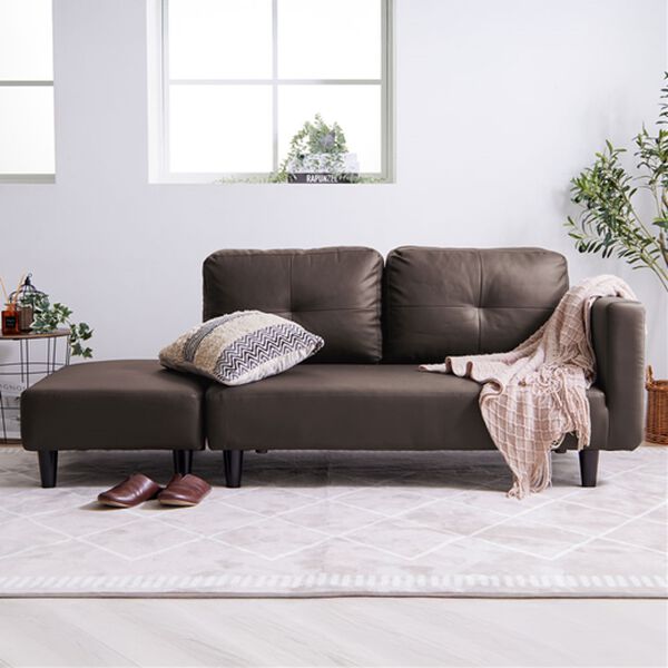 iellio（イエリオ）の「オットマン付カジュアルカウチソファ＜ソファベッド・ソファーベッド・２人掛け・３人掛け・カウチソファー・ローソファ＞（ソファ）」｜ブラウンレザー調