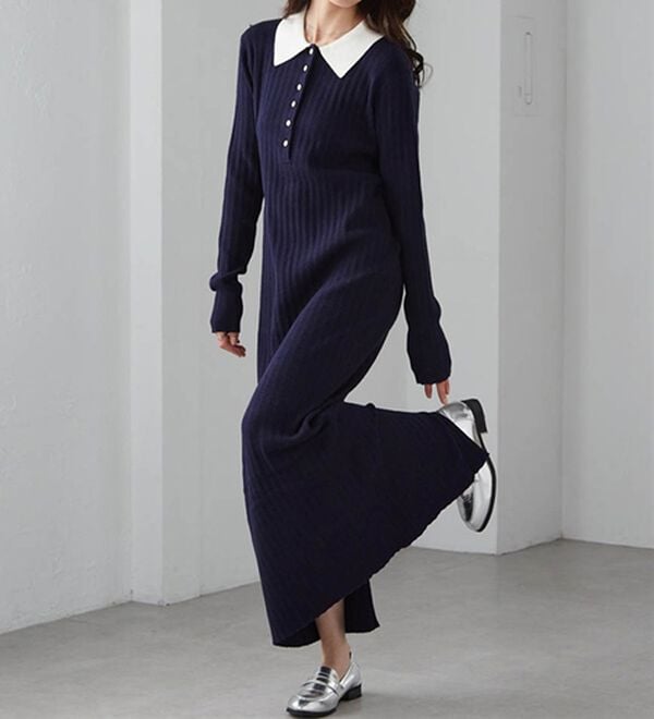 RANAN（ラナン）の「ポロカラーリブニットワンピース（ロングワンピース）」｜詳細画像