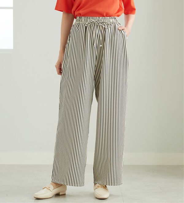 BELLUNA（ベルーナ）の「速乾！サッカー素材ドロストワイドパンツ（ワイドパンツ・ガウチョ）」｜ストライプ