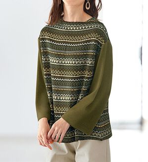 BELLUNA（ベルーナ）の「一枚で映える幾何柄ジャカードプルオーバー（カットソー）」｜カーキ系