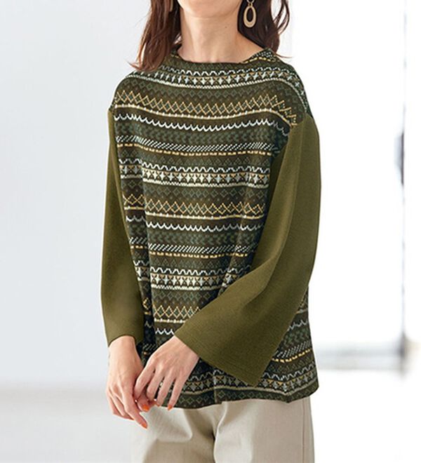 BELLUNA（ベルーナ）の「一枚で映える幾何柄ジャカードプルオーバー（カットソー）」｜カーキ系