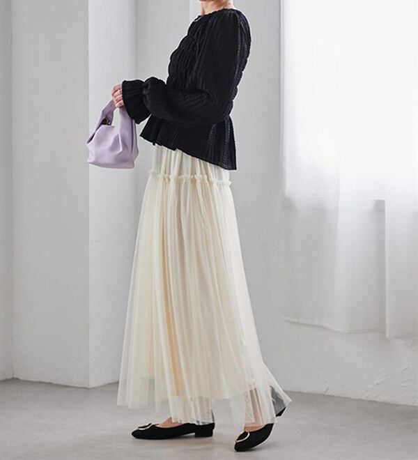 RANAN（ラナン）の「ふわっと可愛いフリルギャザーチュールスカート（ロングスカート）」｜詳細画像