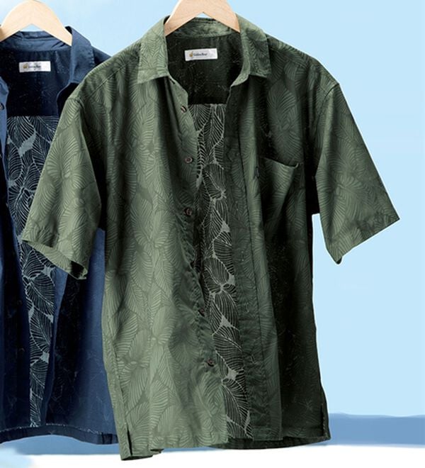 「＜ゴールデンベア＞涼やかリーフ柄オパールシャツ（メンズシャツ）」｜カーキ