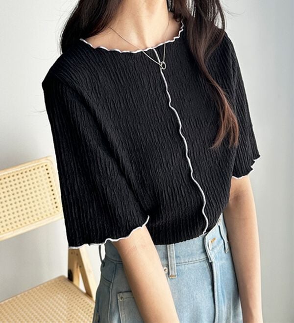 GeeRA（ジーラ）の「前後２ＷＡＹ配色メロー５分袖カットソー（カットソー）」｜ブラック