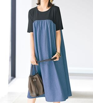 BELLUNA（ベルーナ）の「一枚着て体型カバー！異素材切替ワンピース（ドッキングワンピース）」｜詳細画像