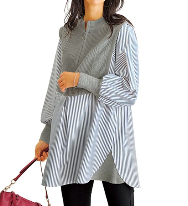 BELLUNA（ベルーナ）の「ニット&times;ストライプ切替フレアーチュニック（チュニック）」｜杢グレー系