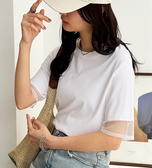 GeeRA（ジーラ）の「綿１００％袖シアー切替シルケットＴシャツ（Tシャツ）」｜詳細画像