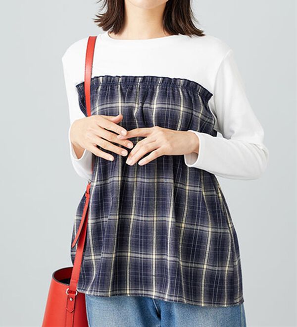 BELLUNA（ベルーナ）の「チェック柄ビスチェドッキングプルオーバー（カットソー）」｜ネイビー系チェック