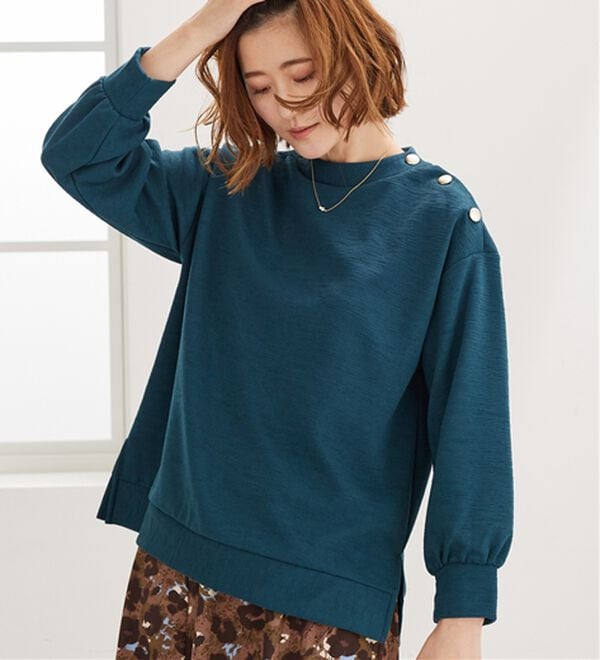 BELLUNA（ベルーナ）の「ジャカード素材肩ボタンプルオーバー（カットソー）」｜ターコイズ