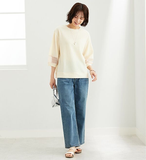 BELLUNA（ベルーナ）の「ジャカード素材袖メッシュレースプルオーバー（カットソー）」｜詳細画像