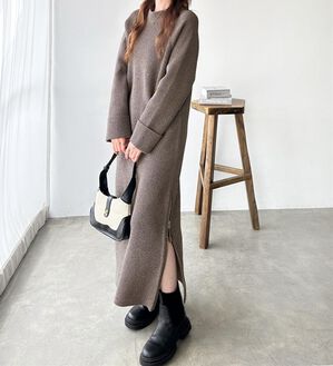 GeeRA（ジーラ）の「裾ファスナースリットニットワンピース（ニットワンピース）」｜ブラウンミックス