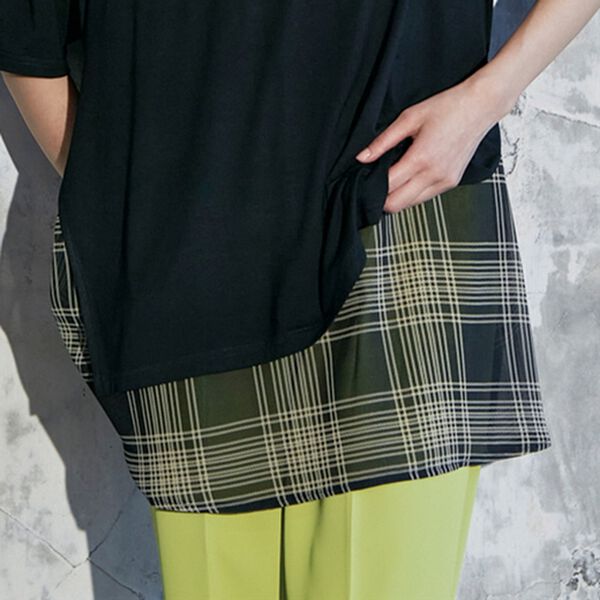 RANAN（ラナン）の「チェック柄異素材使いTシャツ（カットソー）」｜詳細画像