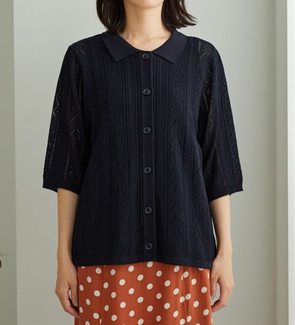 BELLUNA（ベルーナ）の「衿付き透かし編みニットカーディガン（ニットカーディガン）」｜詳細画像