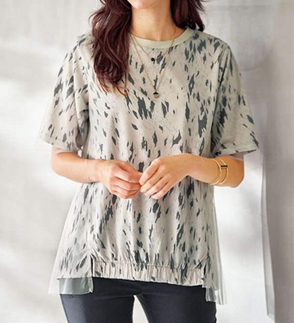 BELLUNA（ベルーナ）の「チュール重ねアニマルプリントプルオーバー（カットソー）」｜ライトグレー系ゼブラ柄