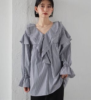 RANAN（ラナン）の「ビッグカラーフリルブラウス（ブラウス）」｜ストライプ
