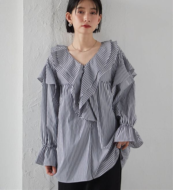RANAN（ラナン）の「ビッグカラーフリルブラウス（ブラウス）」｜ストライプ