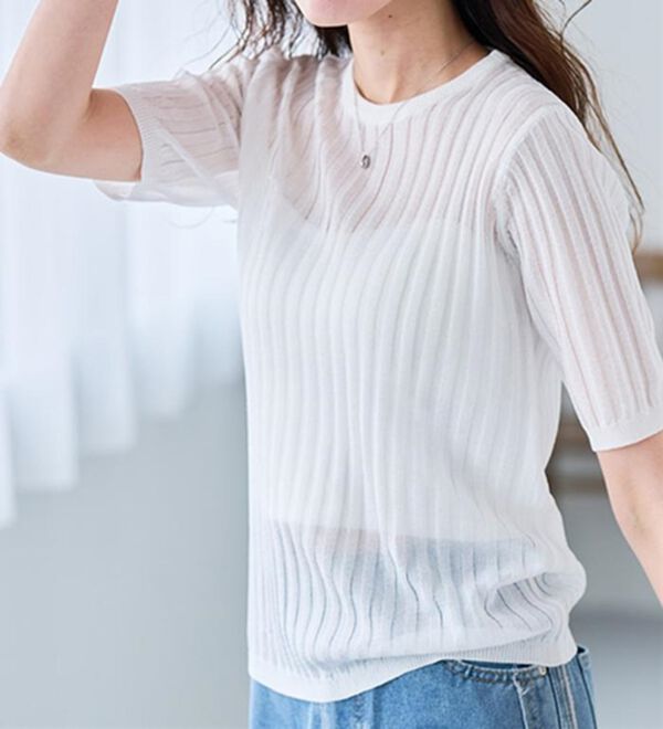 RANAN（ラナン）の「5分袖シアーラメリブニット（ニット・セーター）」｜詳細画像