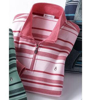 「＜ハッシュパピー＞華やかボーダージャカードジップポロ（メンズトレーナー）」｜コーラル