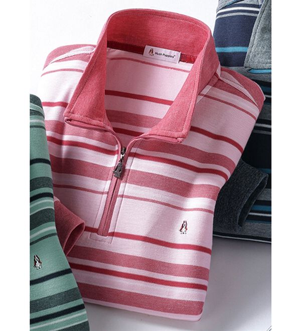 「＜ハッシュパピー＞華やかボーダージャカードジップポロ（メンズトレーナー）」｜コーラル