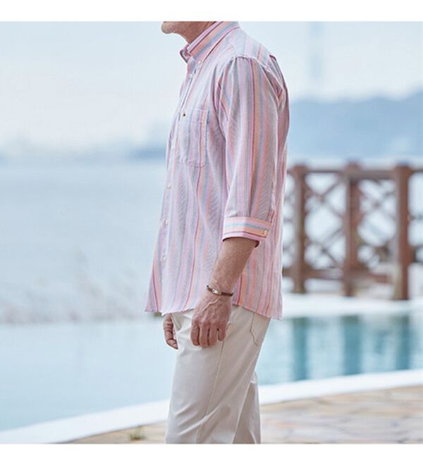 「【２色組】＜デコイ＞華やかマルチストライプ７分袖シャツ（メンズシャツ）」｜詳細画像