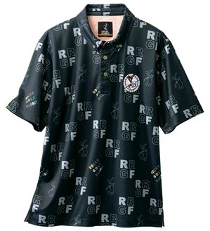 「＜ロッキーラビット＞ゴルフデザイン総柄ポロシャツ（メンズポロシャツ）」｜ブラック