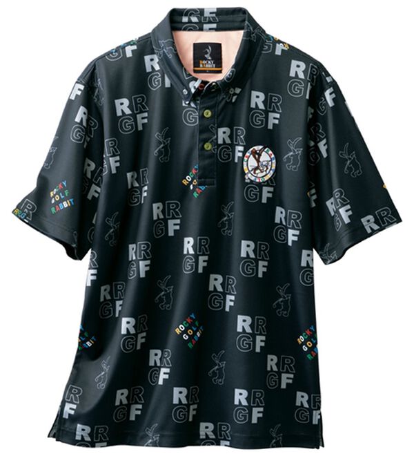 「＜ロッキーラビット＞ゴルフデザイン総柄ポロシャツ（メンズポロシャツ）」｜ブラック