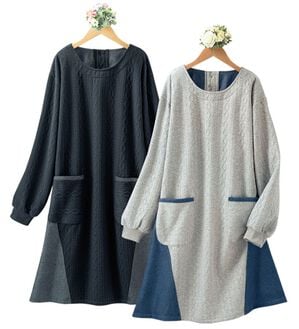 「【２枚組】オシャレな編み柄切替かっぽう（パジャマ・ルームウェア）」｜デニム系2枚組