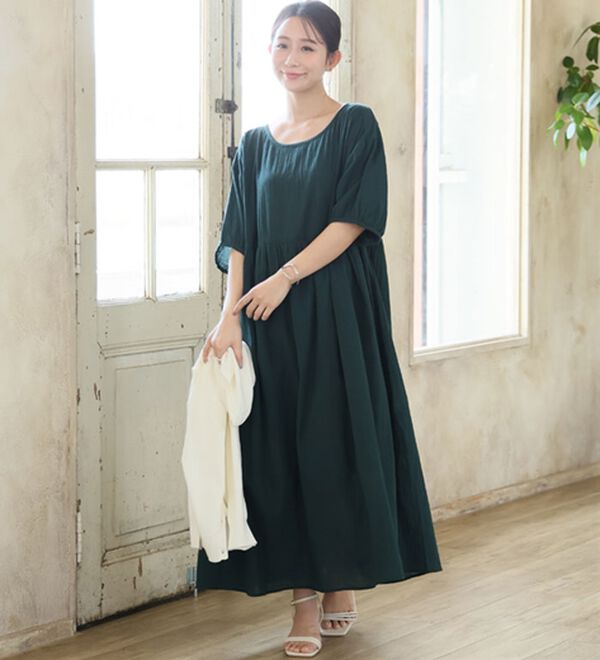 A HAPPY MARILYN（アハッピーマリリン）の「【Ｌ～６Ｌ】【風通るプレミアム】綿・楊柳、五分袖ウエスト切替ワンピース。（ロングワンピース）」｜詳細画像