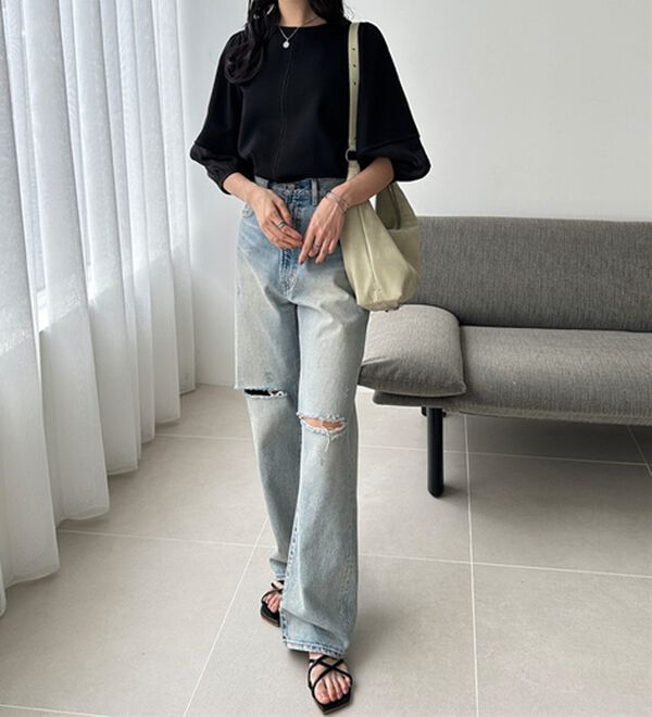 GeeRA（ジーラ）の「袖シアー切替ランタンスリーブトップス（カットソー）」｜詳細画像