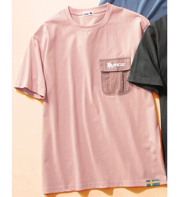 「＜モズ＞フラップポケット付綿１００％Ｔシャツ（メンズＴシャツ）」｜ピンク