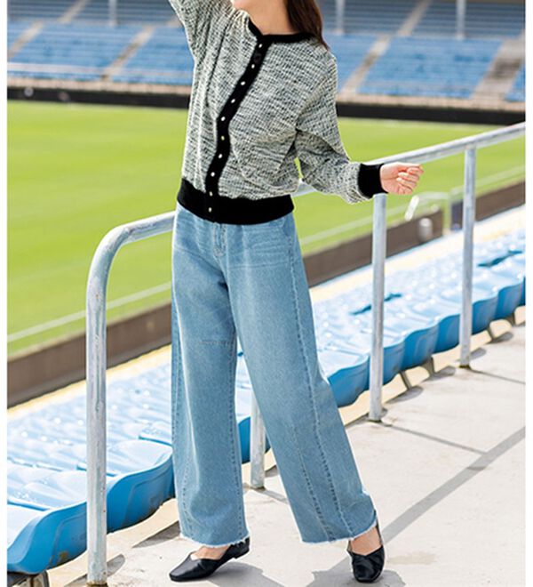 BELLUNA（ベルーナ）の「【UNDOVE】綿１００％フリンジ使いカーブデニムパンツ（ワイドパンツ・ガウチョ）」｜詳細画像