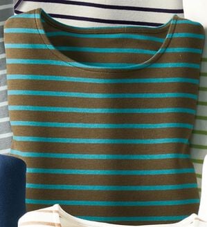 BELLUNA（ベルーナ）の「＜＆ｃｏｃｏｃｈｉ＞ハピネスコットン１００％なめらかボーダープルオーバー（カットソー）」｜茶&times;ターコイズ