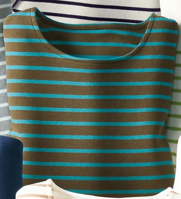 BELLUNA（ベルーナ）の「＜＆ｃｏｃｏｃｈｉ＞ハピネスコットン１００％なめらかボーダープルオーバー（カットソー）」｜茶&times;ターコイズ