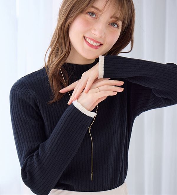 alotta（アロッタ）の「【静電気防止】もっちり袖配色リブニット（ニット・セーター）」｜ブラック