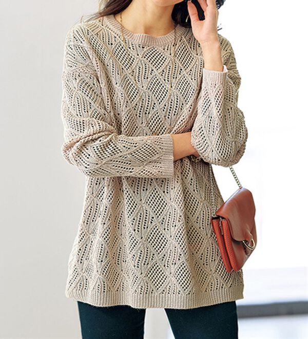 BELLUNA（ベルーナ）の「リーフ柄透かし編ニットチュニック（チュニック）」｜アイボリー