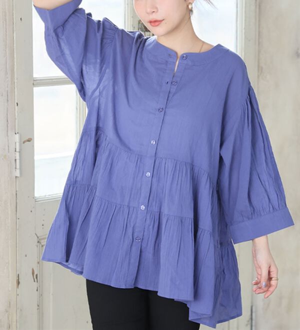 A HAPPY MARILYN（アハッピーマリリン）の「【Ｌ～６Ｌ】【風通るプレミアム】綿・楊柳七分袖ティアードブラウス（ブラウス）」｜スモークブルー