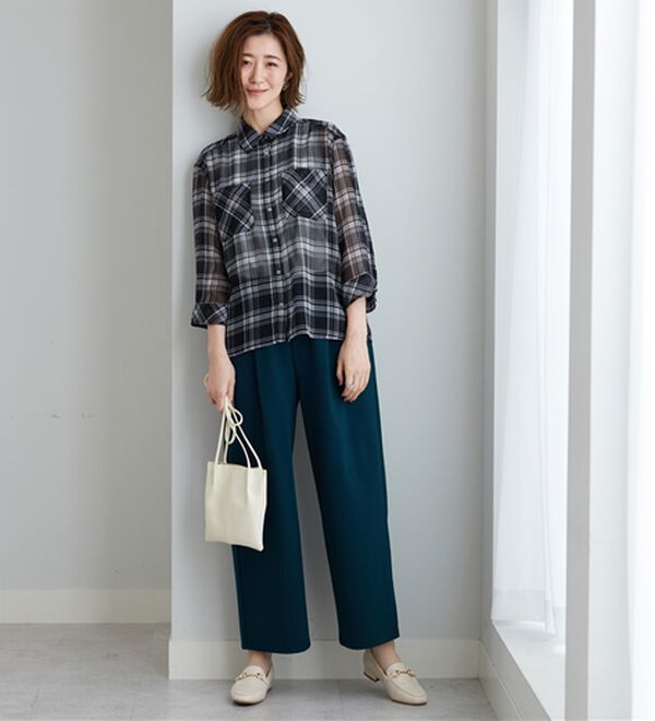 BELLUNA（ベルーナ）の「シフォン楊柳チェック柄プリントシャツ（シャツ）」｜詳細画像