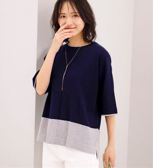BELLUNA（ベルーナ）の「洗える！配色デザインニットプルオーバー（ニット・セーター）」｜ネイビー&times;杢グレー