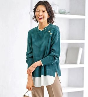 BELLUNA（ベルーナ）の「金ボタン使い重ね着風ニットチュニック（チュニック）」｜ブルー