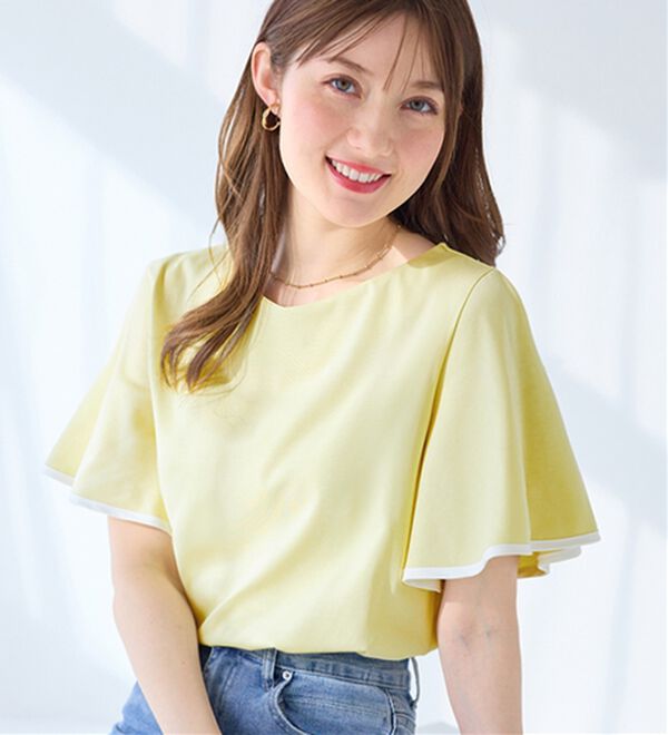 alotta（アロッタ）の「【接触冷感】配色フレアスリーブトップス（カットソー）」｜イエロー