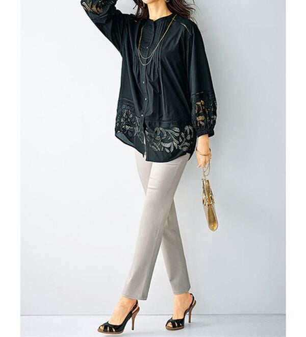 BELLUNA（ベルーナ）の「リーフ柄レース切替シャツチュニック（チュニック）」｜詳細画像