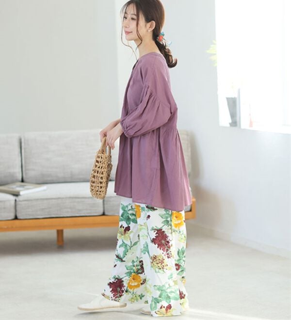 A HAPPY MARILYN（アハッピーマリリン）の「【Ｌ～６Ｌ】【風通るプレミアム】綿１００％　楊柳　七分袖　ウエストギャザー　ブラウス（ブラウス）」｜詳細画像