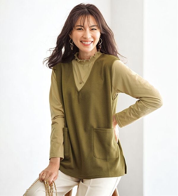 BELLUNA（ベルーナ）の「シャーリング衿ベストアンサンブル（アンサンブル）」｜マスタード&times;イエロー