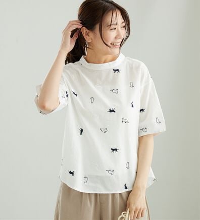 BELLUNA（ベルーナ）の「ネコ&ウサギ刺しゅうブラウス（ブラウス）」