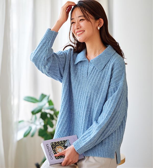 スキッパー衿編地変化ニットプルオーバー - ベルーナ【公式】