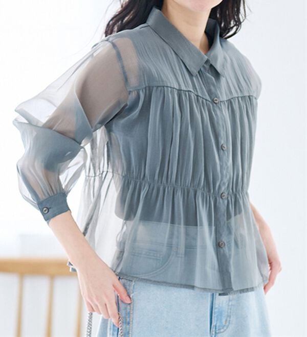 RANAN（ラナン）の「シャーリングシアーショートシャツ（ブラウス）」｜詳細画像