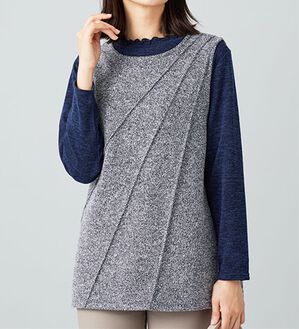 BELLUNA（ベルーナ）の「ブークレ素材タックデザインアンサンブル（アンサンブル）」｜ネイビー&times;ネイビー