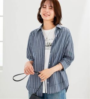 BELLUNA（ベルーナ）の「サラリ快適！ギャザー使いシャツチュニック（チュニック）」｜グレーストライプ