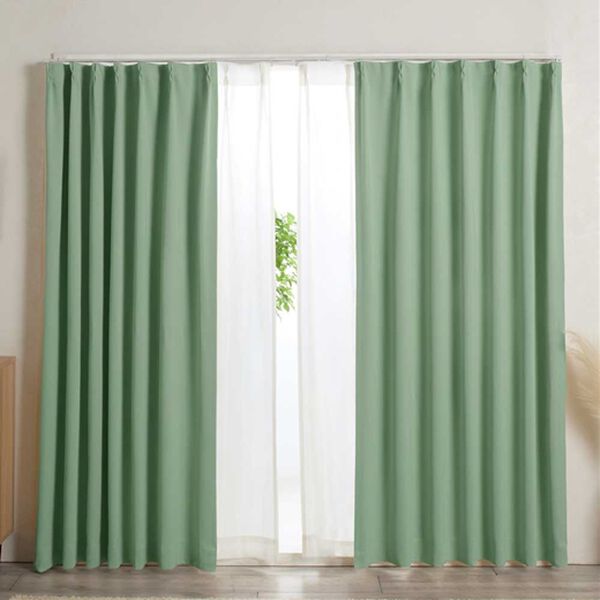iellio（イエリオ）の「防炎＆１・２級遮光＆断熱保温＆ＵＶ見えにくいレース付カーテンセット＜４枚組・防炎・遮光１級・洗える・無地・レースカーテン＞（ドレープカーテン）」｜セージグリーン