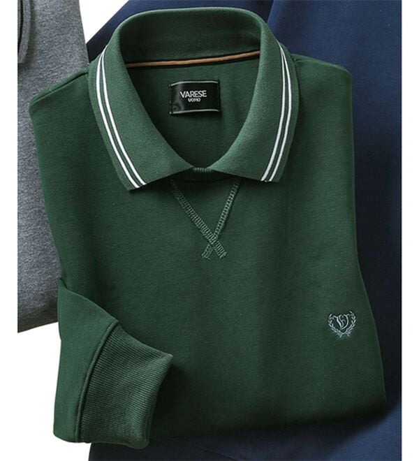 「重ね着いらずのポロ衿トレーナー（メンズトレーナー）」｜ダークグリーン